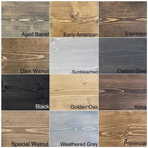 Grid of stained finish swatches, walnut, oak, black, gray and more options for the small wooden side table.