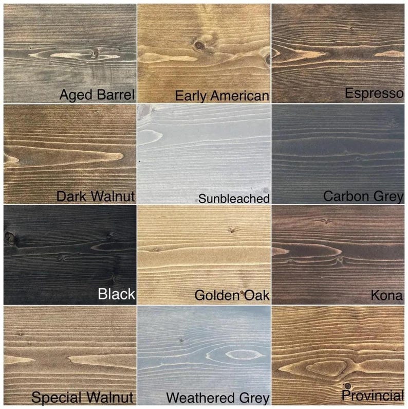 Grid of stained finish swatches, walnut, oak, black, gray and more options for the small wooden side table.
