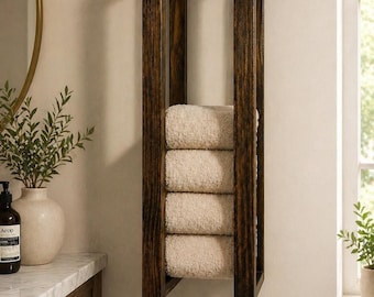 Wall mounted rolled towel holder, Adjustable wooden rack, Farmhouse bathroom decor