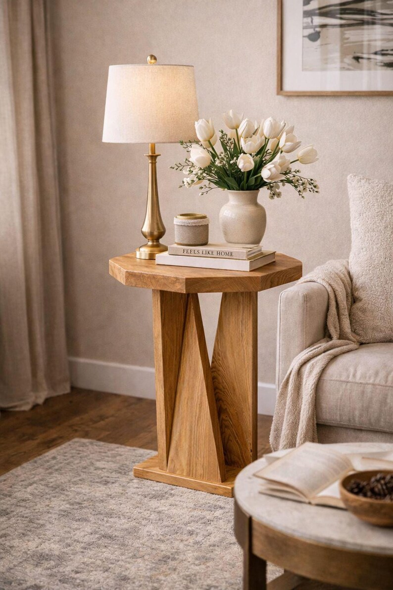 Natural finish small wooden side table as handmade bedside table, lamp and vase on narrow small space furniture.