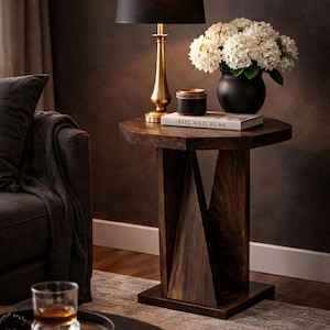 Evening vignette, rustic modern accent table in dark stain holding lamp and flowers beside low sofa.