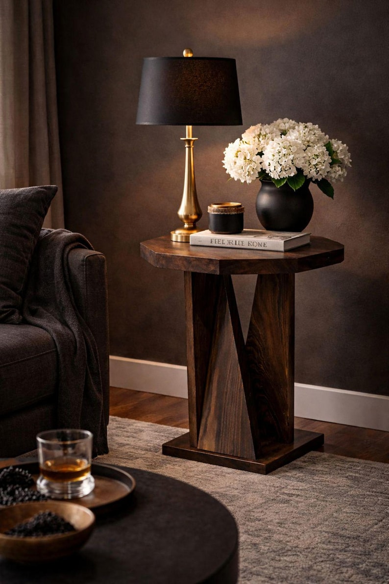 Evening vignette, rustic modern accent table in dark stain holding lamp and flowers beside low sofa.