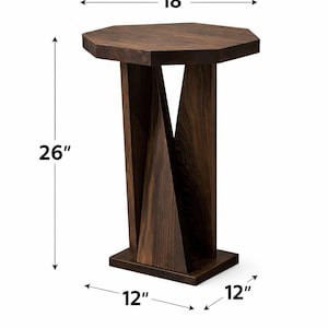Dimension diagram showing geometric side table, 18 inch top, 26 inch height, 12 by 12 inch square base.