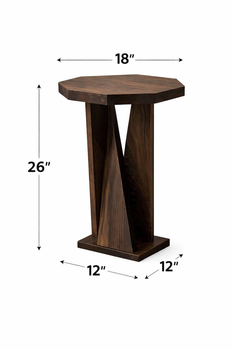Dimension diagram showing geometric side table, 18 inch top, 26 inch height, 12 by 12 inch square base.