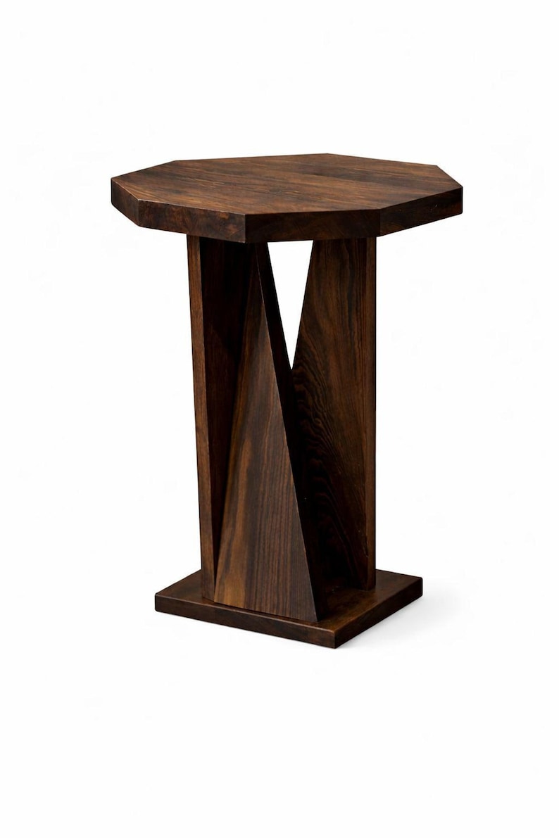 Studio view of dark rustic modern geometric side table, freestanding narrow side table with textured wood grain.