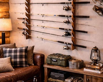 Wooden Fishing Rod Holder Wall Mount | Dual Bracket Rack, Garage Storage Organizer