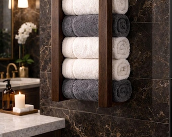 Wall Mounted Towel Rack, Wooden Bathroom Organizer, Farmhouse Storage Shelf