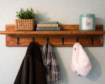 Wall Mounted Coat Rack with Shelf, Rustic Farmhouse Entryway Organizer, Wooden Hallway Hooks