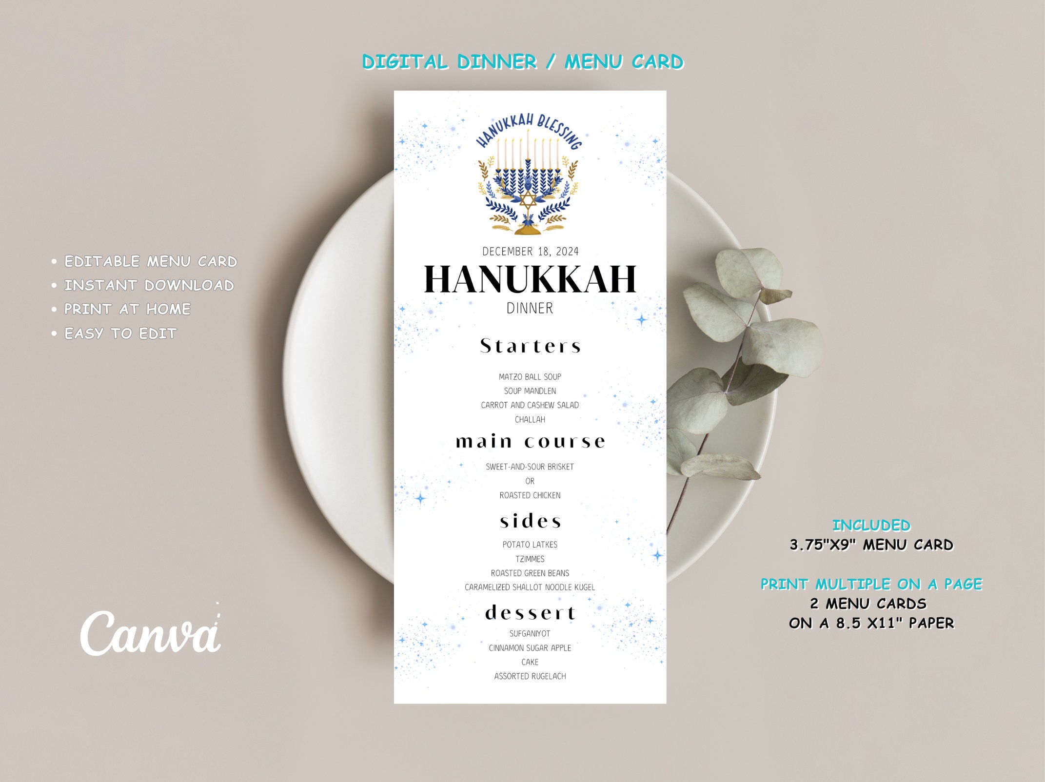 Hanukkah Menu Template Editable Hanukkah Menu Card Canva Editable Template Hanukkah Dinner Menu