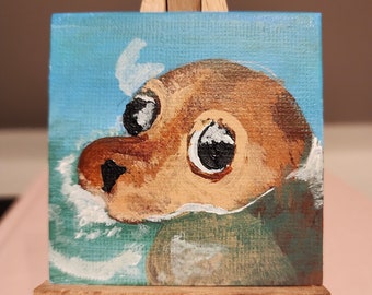 Cute Seal in Water - Painting - Mini Canvas of Adorable Meme of Seal - 2.75 x 2.75 Mini Canvas Acrylic Painting