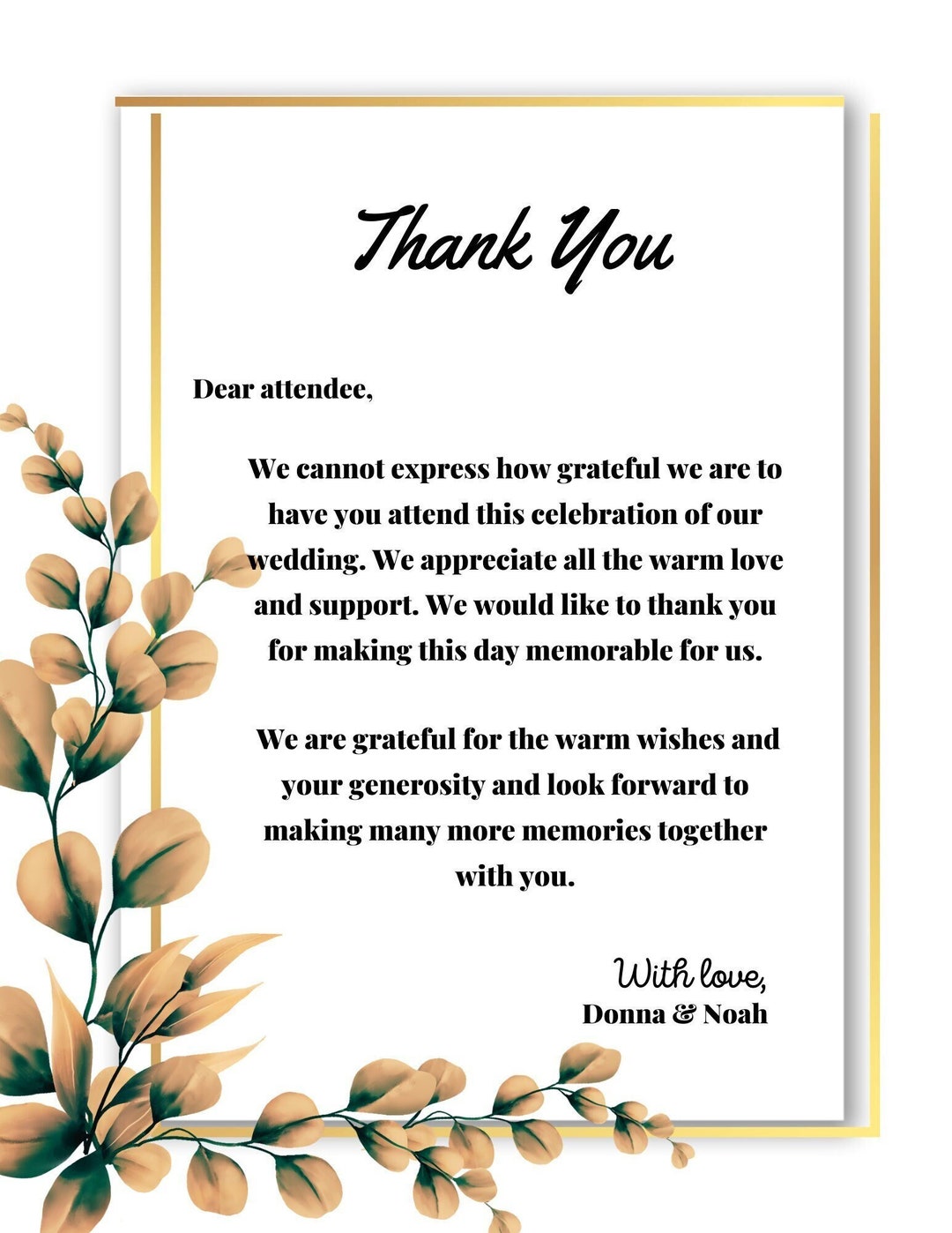 Thank You Card Template, Gold Thank You Note, Flower Design Thank You Card Printable, INSTANT