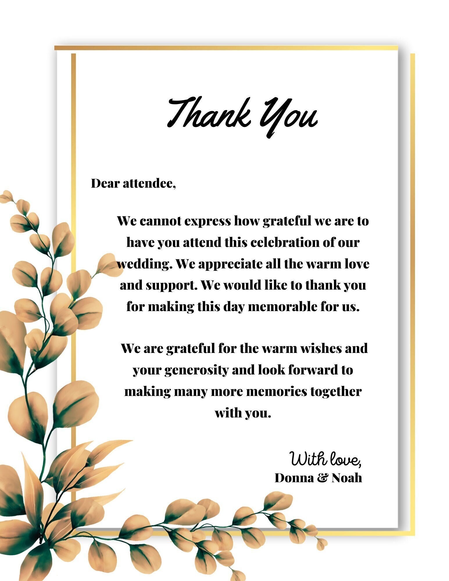 Thank You Card Template, Gold Thank You Note, Flower Design Thank You