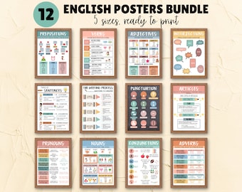 May include: A set of 12 colorful English grammar posters with titles like "Prepositions", "Verbs", "Adjectives", "Interjections", "Types of Sentences", "The Writing Process", "Punctuation", "Articles", "Pronouns", "Nouns", "Conjunctions", and "Adverbs". Each poster features a different aspect of English grammar with illustrations and examples.