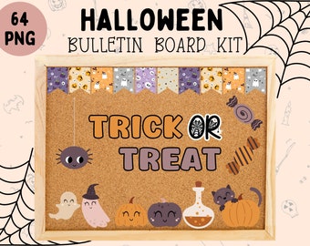 May include: A brown corkboard with a white frame, decorated with Halloween themed cutouts. The board has a banner with the words "Trick or Treat" and other Halloween decorations, including ghosts, pumpkins, spiders, and candy.