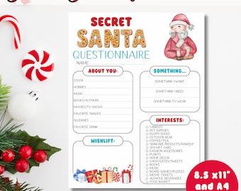 May include: Printable Secret Santa Questionnaire with a gingerbread Santa illustration. The questionnaire includes sections for "About You", "Something...", "Wishlist", and "Interests".