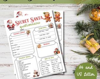 Peut inclure: Un questionnaire imprimable pour le Secret Santa avec des illustrations d'un bonhomme en pain d'épices et du Père Noël. Le questionnaire demande les choses préférées, quelque chose que la personne veut, a besoin et veut porter, ainsi qu'une liste de souhaits.
