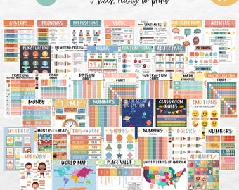 May include: A set of 40 colorful educational posters with a boho theme. The posters cover a variety of subjects, including math, science, language arts, and social studies. The posters are designed to be used in classrooms or homeschool settings.