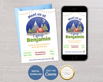 Camp Birthday Invitation – Outdoor Adventure, Editable Canva Template (Digital Download)