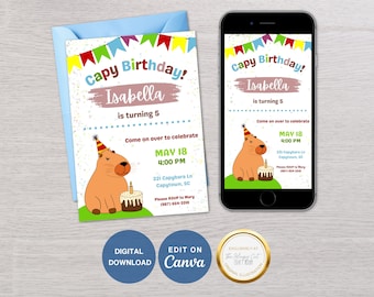 Capybara Birthday Party Invitation Bundle – Editable Digital Template