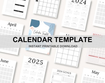 Plantilla de calendario imprimible, Planificador mensual, Descarga digital, Calendario personalizable, Planificador de bricolaje, Organizador, calendario 2024 calendario 2025