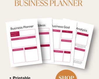 May include: A printable business planner template with sections for ideas, business goals, and analysis. The template has a pink and white color scheme and the text "BUSINESS PLANNER" is at the top of the page.