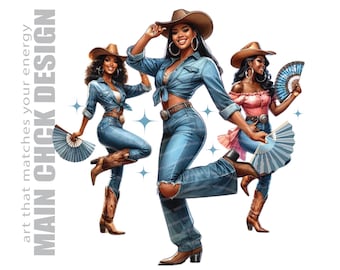 Black Cowgirl Line Dancing Clipart: Western PNG (Commercial Use)