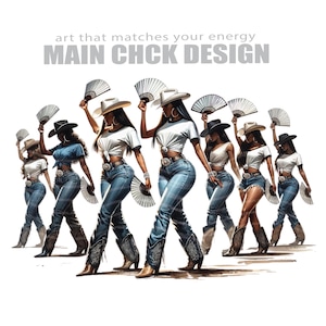 以下が含まれることがあります： 白いシャツと青いジーンズを着た7人の女性が扇子を持って一列に並んでポーズをとっている。全員がカウボーイブーツを履いており、髪型も似ている。画像の上部には「art that matches your energy MAIN CHCK DESIGN」というテキストが書かれている。