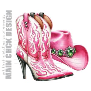 Cowboy Boots and Hat Clipart, Alpha Kappa Alpha, Pink Fashion Cowboy Boots Illustration, Fan Sublimation Art, DIY Digital Clipart Elements