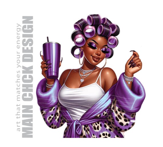 Glam Black Woman PNG: Soft Life Clipart, Purple Leopard Robe (Digital Download)