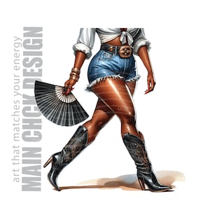 Zwarte cowgirlbenen, zwarte cowgirl-clipart, cowgirl met ventilator, Trail Rider Line Dancer, Where Them Fans At, Boots on the Ground, Daisy Dukes