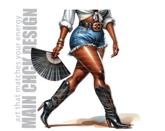 Black Cowgirl Clipart: Line Dancer with Fan (PNG Digital Download)