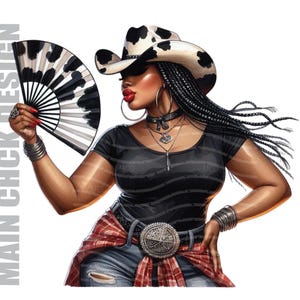 Black Cowgirl Clipart: Cow Print Hat, Western Fan (Digital Download)