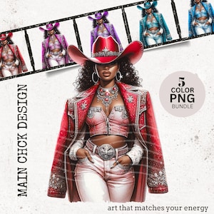 Laarzen en bling, zwarte vrouw cowgirl png, rodeo cowgirl clipart, verjaardagsfeestje, Black Girl Magic, 5 kleuren clipartbundel, commercieel gebruik