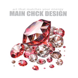 Può includere: Un gruppo di gemme scintillanti e sfaccettate in tonalità di rosso, rosa e trasparente, disposte su sfondo bianco. L'immagine include il testo "art that matches your energy" e "MAIN CHCK DESIGN" in grigio.