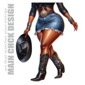 Könnte beinhalten: Eine Frau trägt einen Jeansrock, schwarze Stiefel und ein schwarzes Oberteil mit einer silbernen Gürtelschnalle. Sie hält einen schwarzen Cowboyhut in ihrer linken Hand.