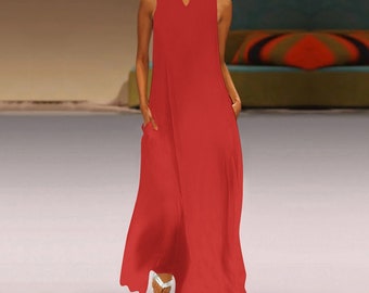 R_RH Red Sleeveless Long Dress With Pockets