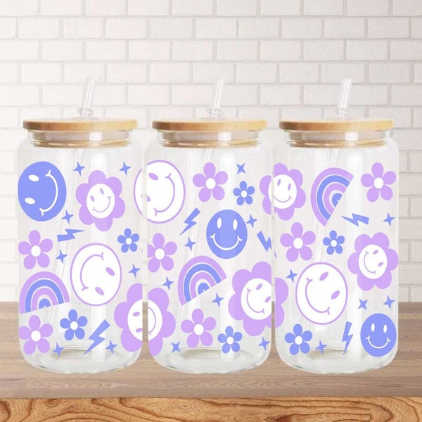 Purple Flowers UV DTF Glass Can Wrap for 16 oz Libbey Glass, Permanent and Ready to Apply, UV dtf Cup Wrap ready to ship, Glass Can Wrap A15