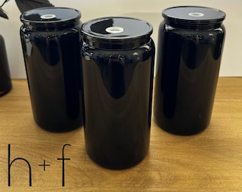 16 oz Black Glass Tumbler with Black Acrylic Lid and Straw - Black Glass Can! WJ3