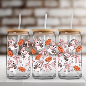 Fall Ghostie UV DTF Glass Can Wrap for 16 oz Libbey Glass,  Ready to Apply, UV dtf Cup Wrap ready to ship, Glass Can Wrap C27A