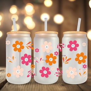 Happy Spring Flowers UV DTF Cup Wrap For Glass Can, Ready to Apply and Ready to Ship! G53