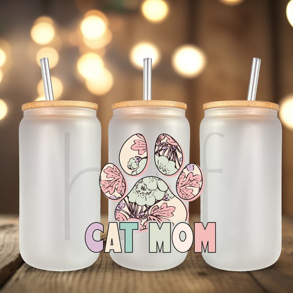 Cat Mom Decal UV DTF Glass Can Decal-  Ready to Apply, UV dtf Cup Wrap ready to ship, Glass Can Wrap D98