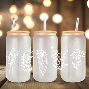 White Minimalist Flowers UV DTF Glass Can Wrap for 16 oz Libbey Glass, UV dtf cup wrap, ready to ship, Glass Can Wrap B94