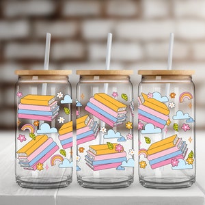 Colorful Books UV DTF Glass Can Wrap for 16 oz Libbey Glass,  Ready to Apply, UV dtf Cup Wrap ready to ship, Glass Can Wrap C2B