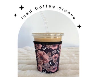 Night Sky Neoprene Iced Coffee Sleeve: Floral Moon Design (16-18 oz)