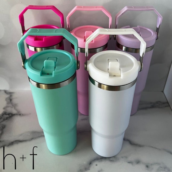 30 Oz Tumbler With Handle and Flip Top Straw Stylish Colors: Light Pink,  Lavender, Dark Pink, Teal Blue, and White ready to Ship 