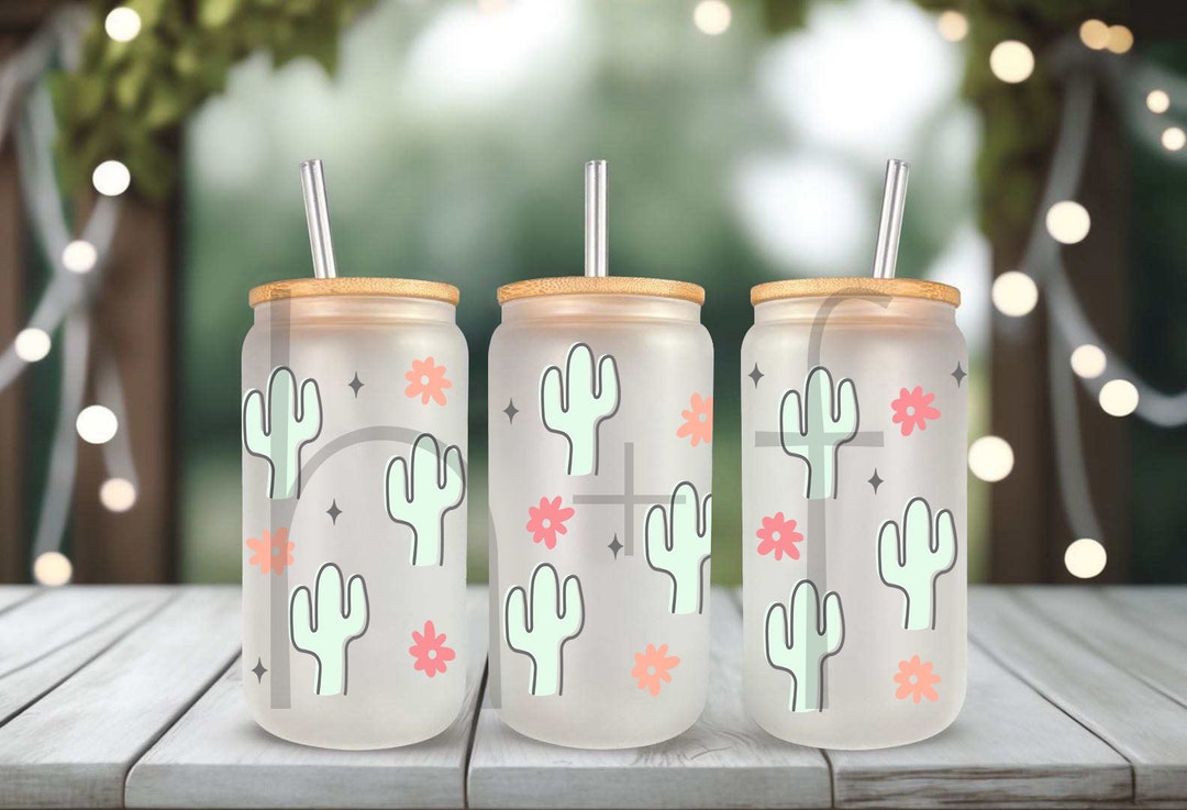 Minimalist Cacti & Flowers UV DTF Cup Wrap for 16 Oz Glass Cans Ready