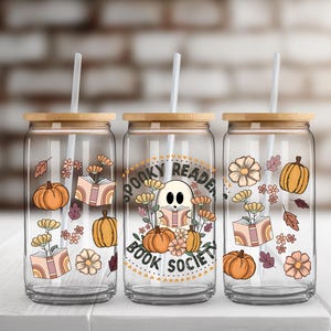 Spooky Readers UV DTF Glass Can Wrap for 16 oz Libbey Glass,  Ready to Apply, UV dtf Cup Wrap ready to ship, Glass Can Wrap E127