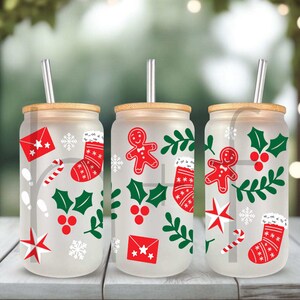 Christmas Stockings UV DTF Wrap for 16 oz Glass Can, Permanent and Ready to Apply, UV dtf Cup Wrap ready to ship, Glass Can Wrap! G38
