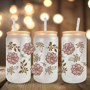 Blush Pink Flowers UV DTF Cup Wrap For Glass Can, Ready to Apply and Ready to Ship E91