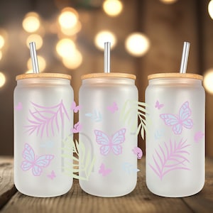 Pastel Butterflies UV DTF Cup Wrap For Glass Can, Ready to Apply and Ready to Ship H40